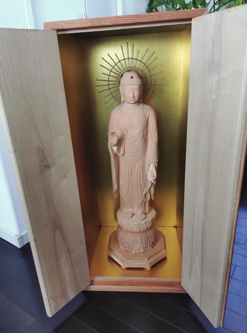 阿弥陀如来像　木彫り　八角台座付　放射光背付　80cm 立像　専用木箱付