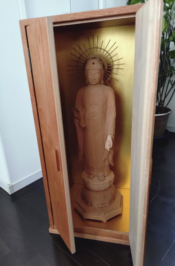 阿弥陀如来像　木彫り　八角台座付　放射光背付　80cm 立像　専用木箱付