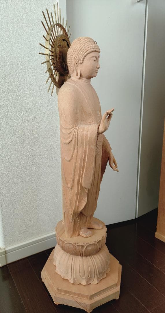 阿弥陀如来像　木彫り　八角台座付　放射光背付　80cm 立像　専用木箱付