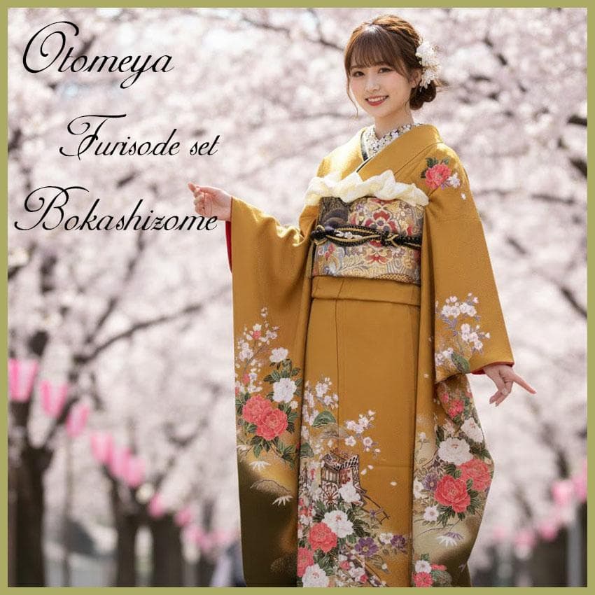 古典柄/牡丹桜/ぼかし染め/金駒刺繍/振袖フルセット　ｍ97　成人式