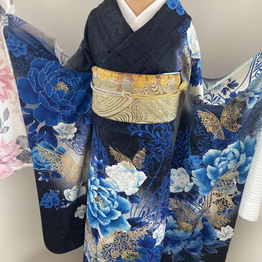 豪華薔薇振袖 袋帯付き　金彩　蝶　大輪