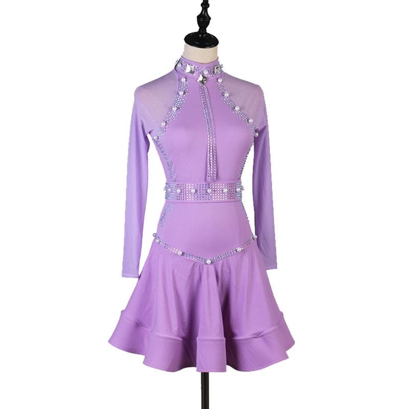 青い長袖ビジュー付きダンスドレス