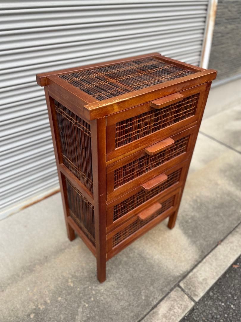 アジアン家具　木製ラタン風チェスト 4段