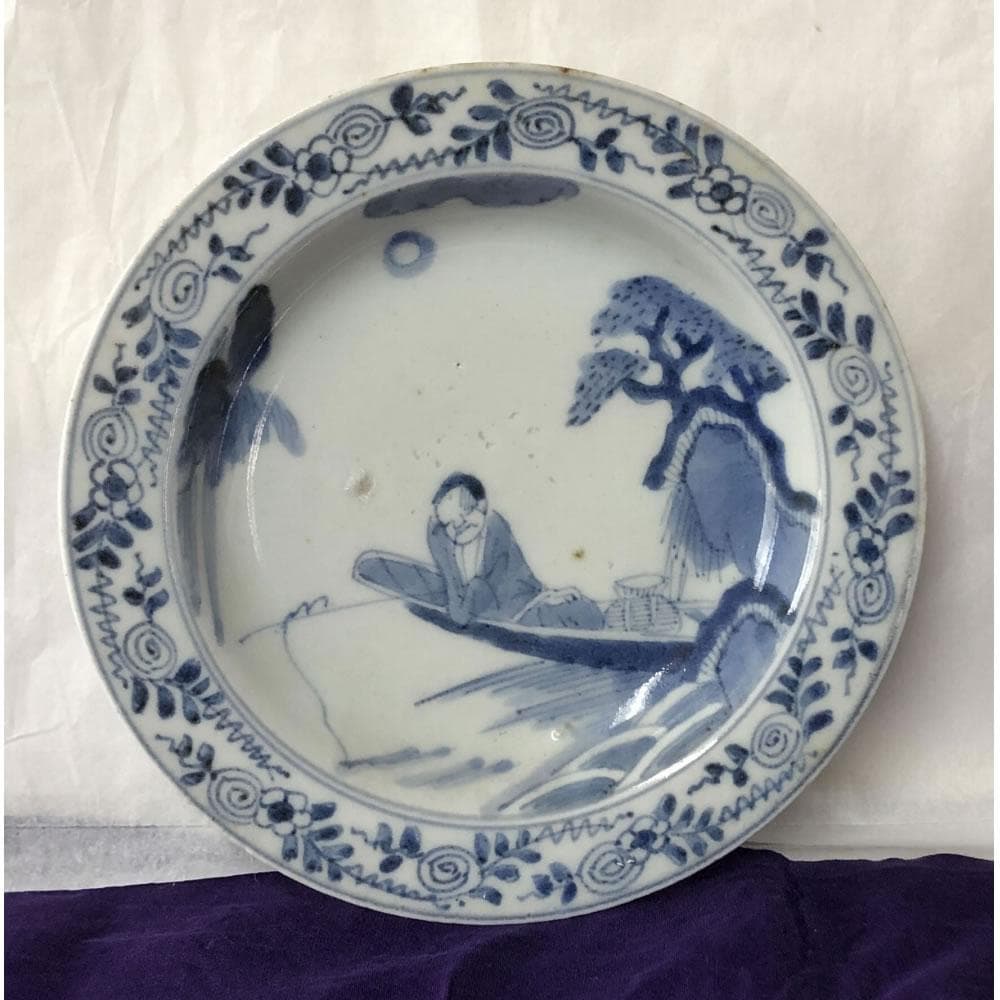 F830 古伊万里 染付 兜皿 5枚 太明年製 径17cm 銘々皿 小皿 人物図