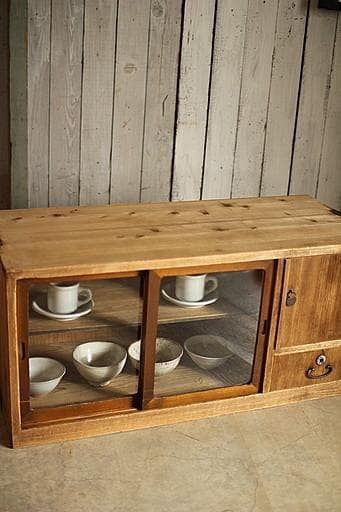 古い木製のガラス戸棚×ミラー付き戸棚×木製小引き出し　古家具　古民家　時代家具