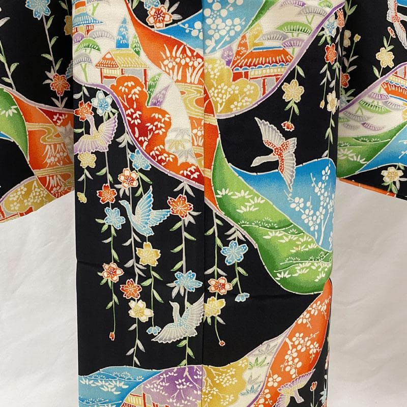 504ag70◎七五三 七歳 女児 総柄 着物&袋帯 枝垂桜鳥 黒◎美品