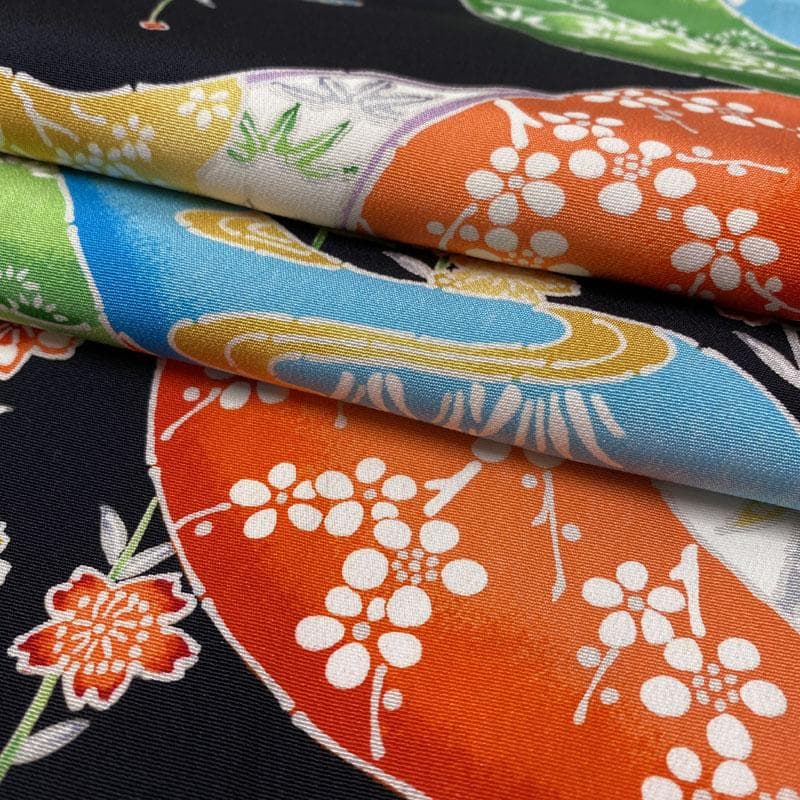 504ag70◎七五三 七歳 女児 総柄 着物&袋帯 枝垂桜鳥 黒◎美品