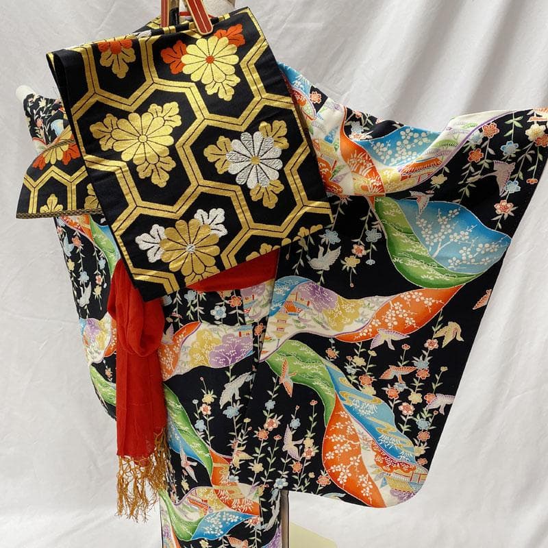 504ag70◎七五三 七歳 女児 総柄 着物&袋帯 枝垂桜鳥 黒◎美品