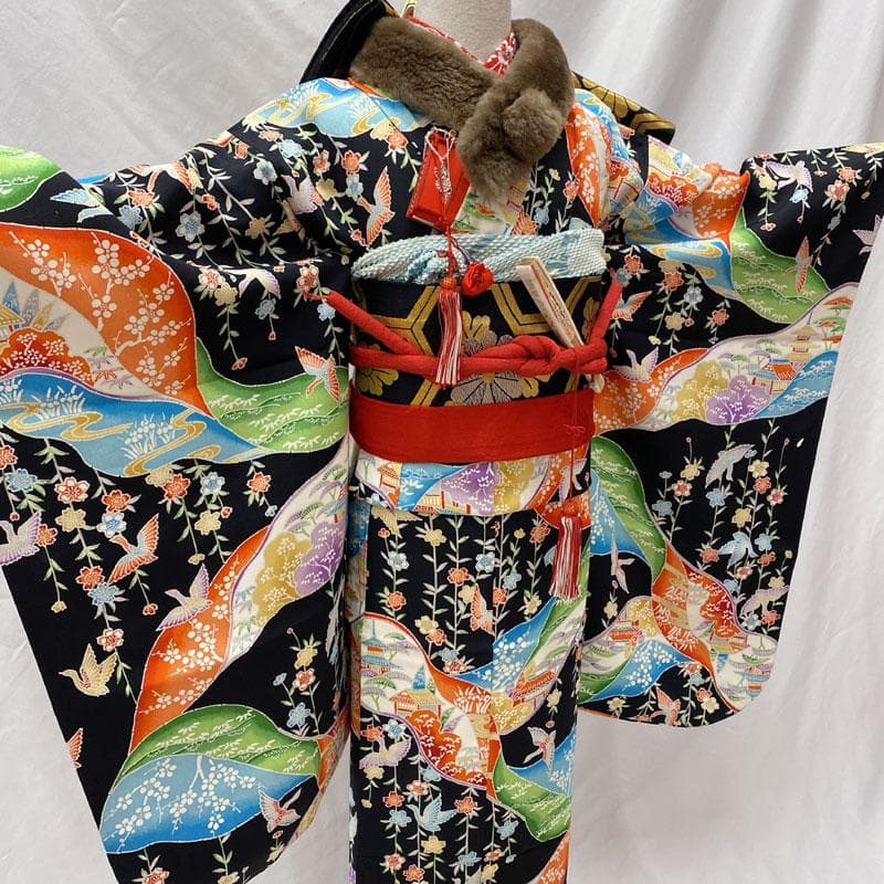 504ag70◎七五三 七歳 女児 総柄 着物&袋帯 枝垂桜鳥 黒◎美品