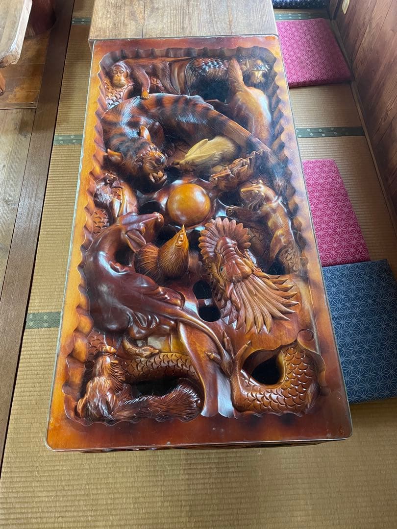 干支 彫刻 木彫 テーブル アンティーク ガラス天板