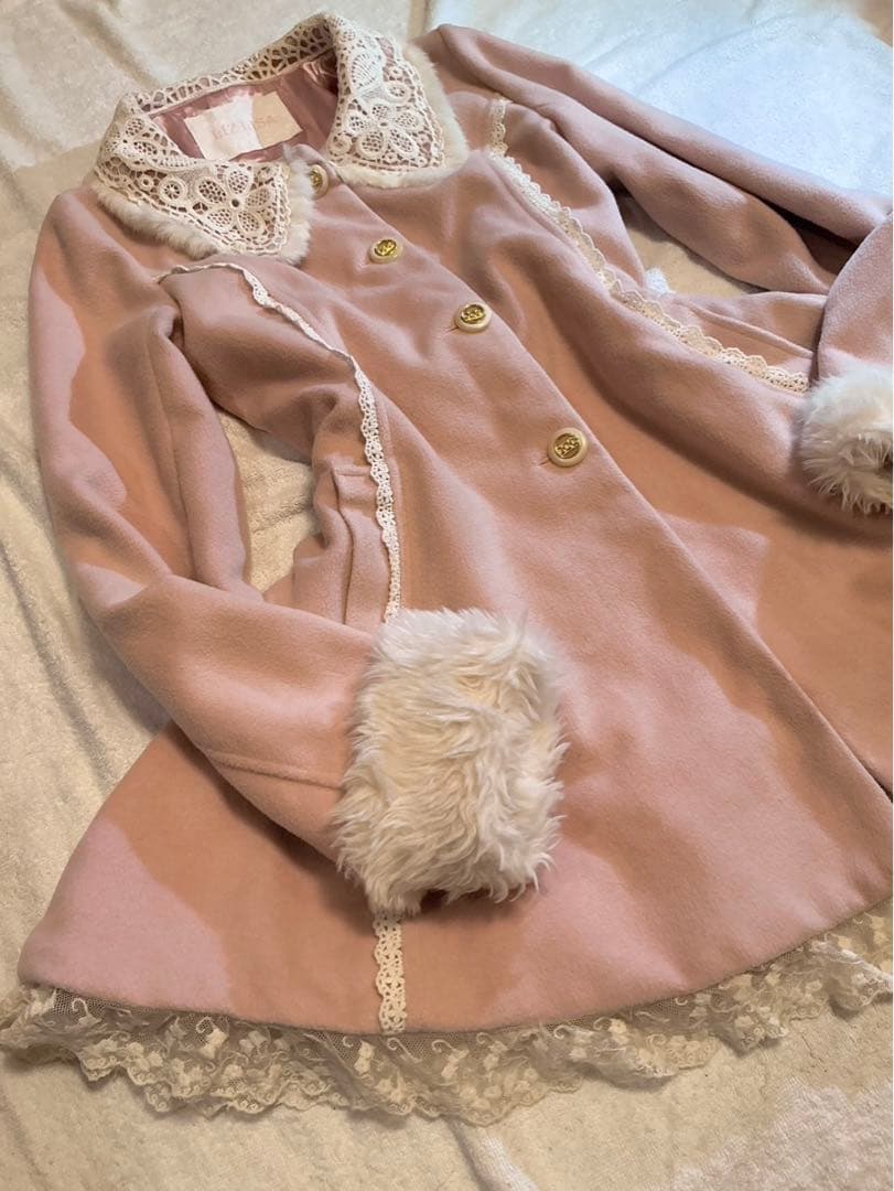 LIZLISA 希少 ホワイト×ピンク ビッグリボンふわふわファーコート 姫ロリ