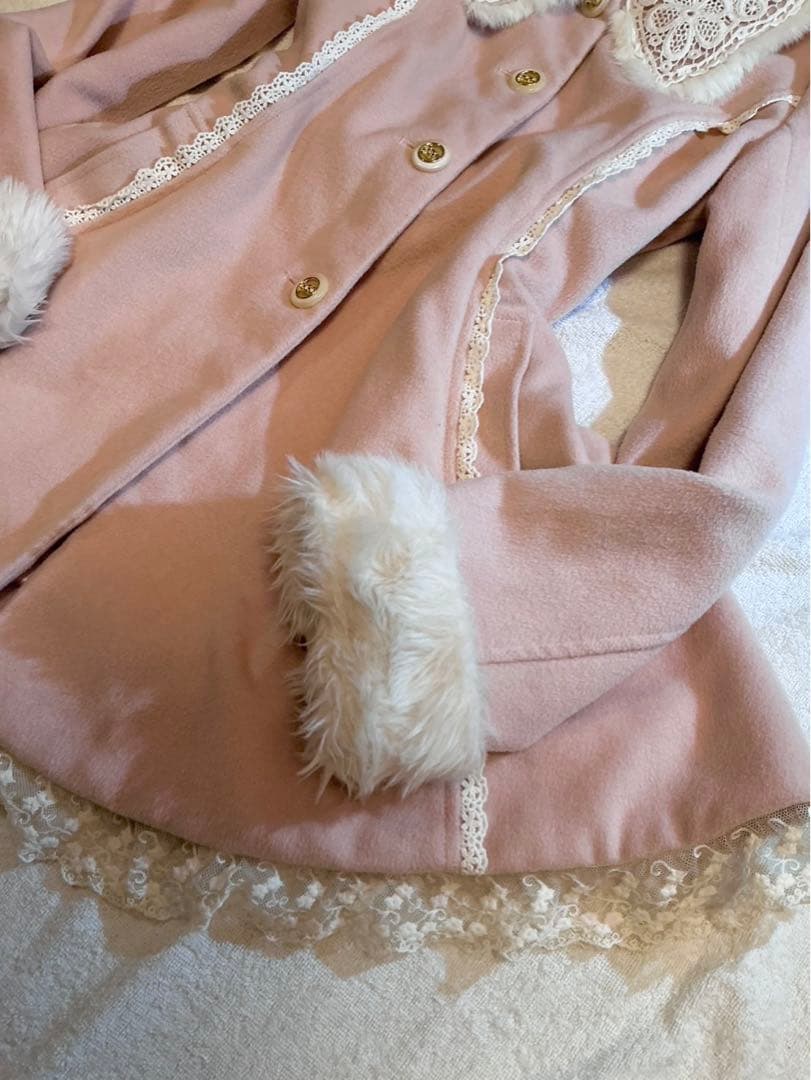 LIZLISA 希少 ホワイト×ピンク ビッグリボンふわふわファーコート 姫ロリ