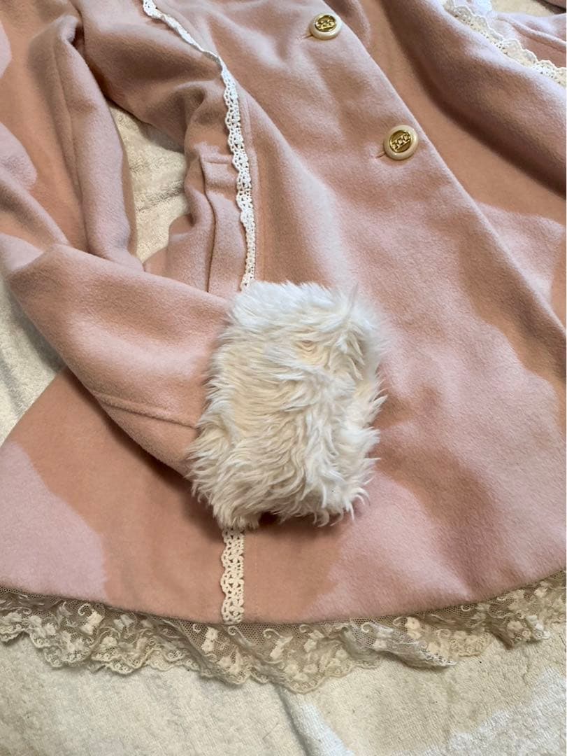 LIZLISA 希少 ホワイト×ピンク ビッグリボンふわふわファーコート 姫ロリ