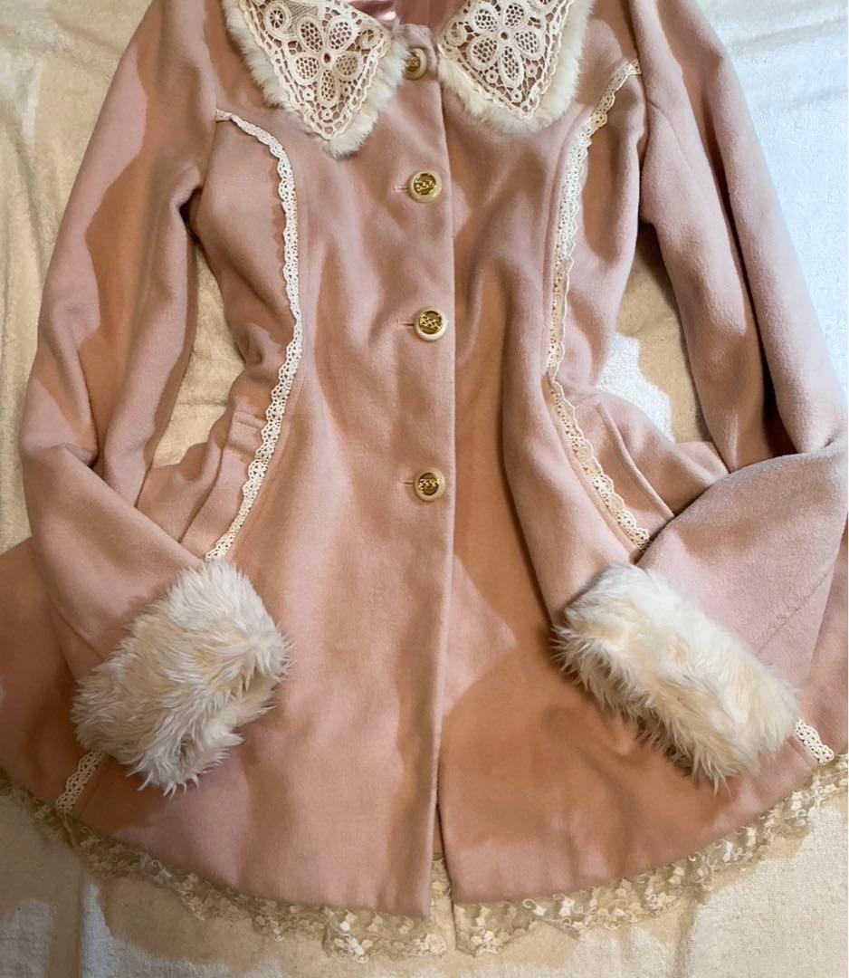 LIZLISA 希少 ホワイト×ピンク ビッグリボンふわふわファーコート 姫ロリ