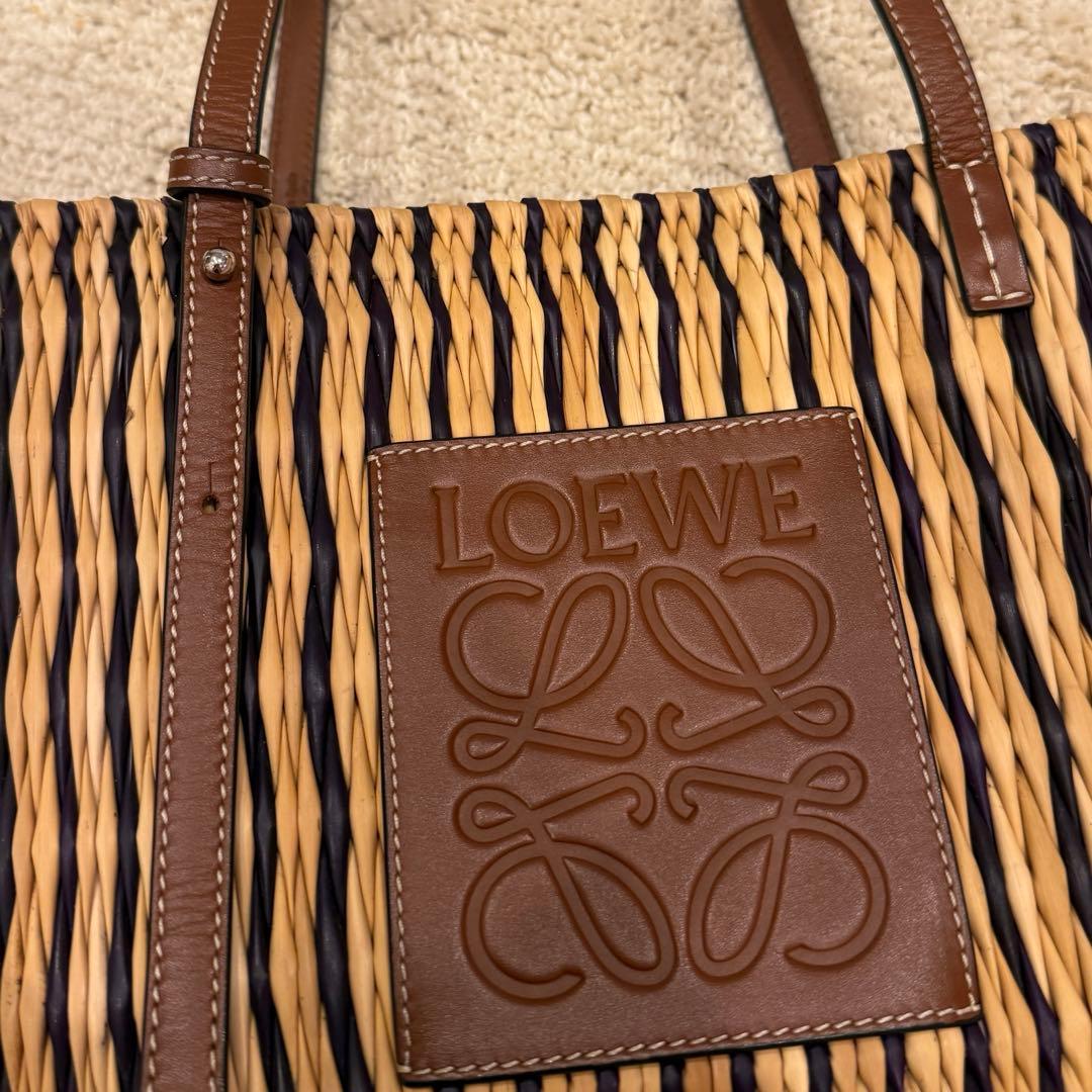 超美品　LOEWEロエベ スクエア バスケットバッグ　ラフィア　ストライプ