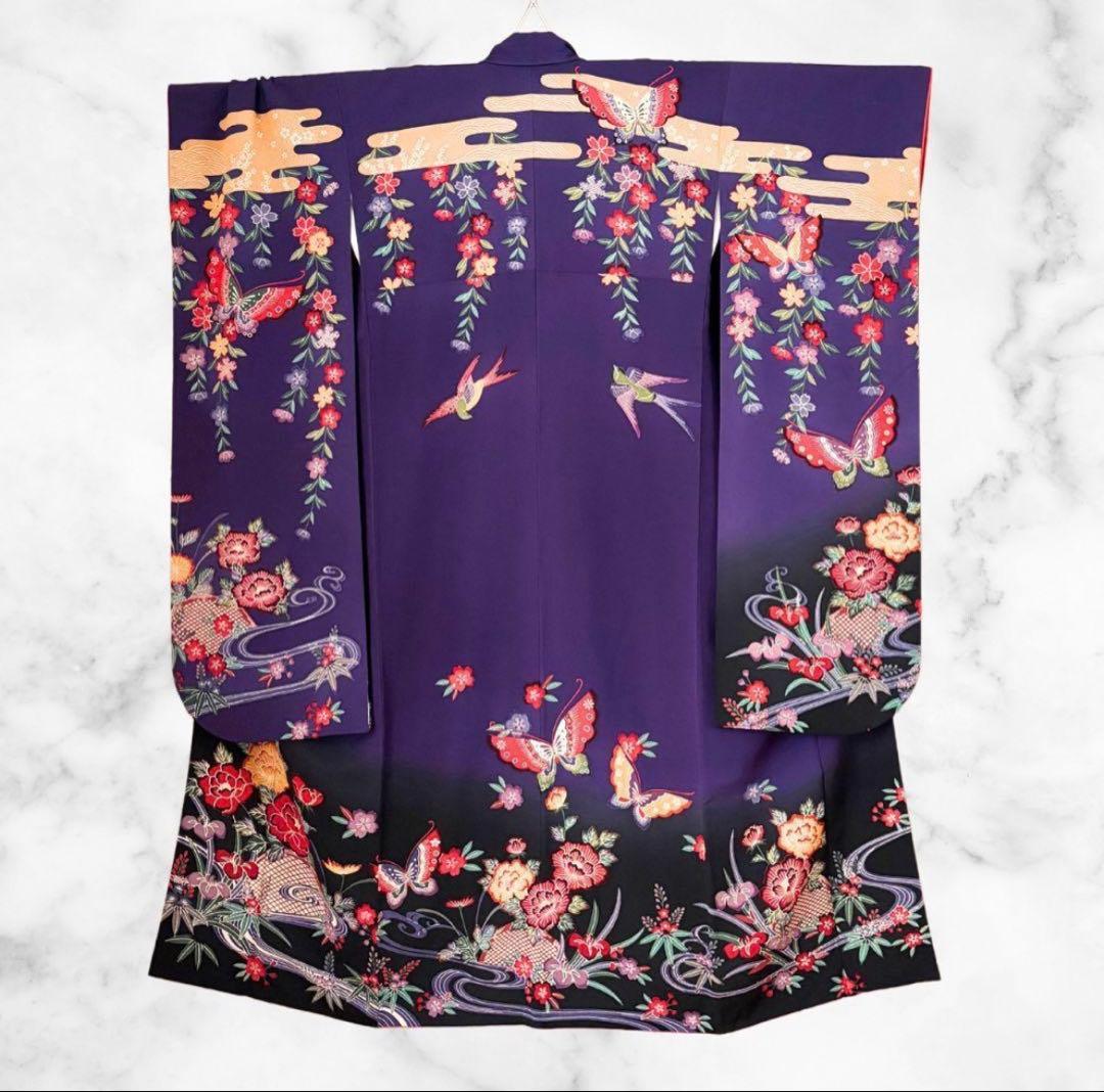 振袖 フルセット 身丈158 紅型 紺色 蝶 沖縄 個性的 型染
