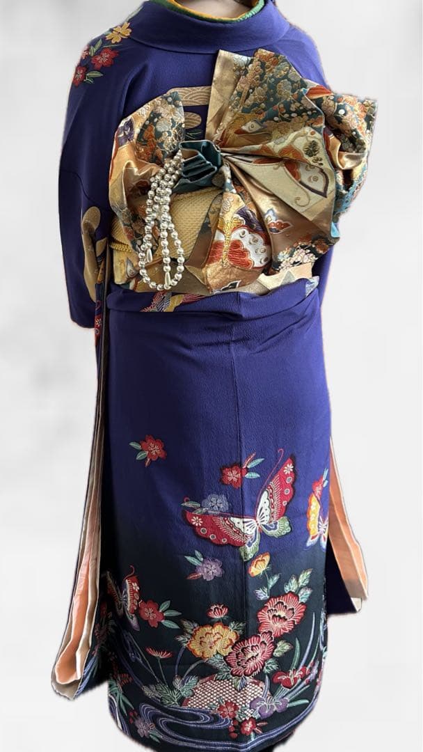 振袖 フルセット 身丈158 紅型 紺色 蝶 沖縄 個性的 型染