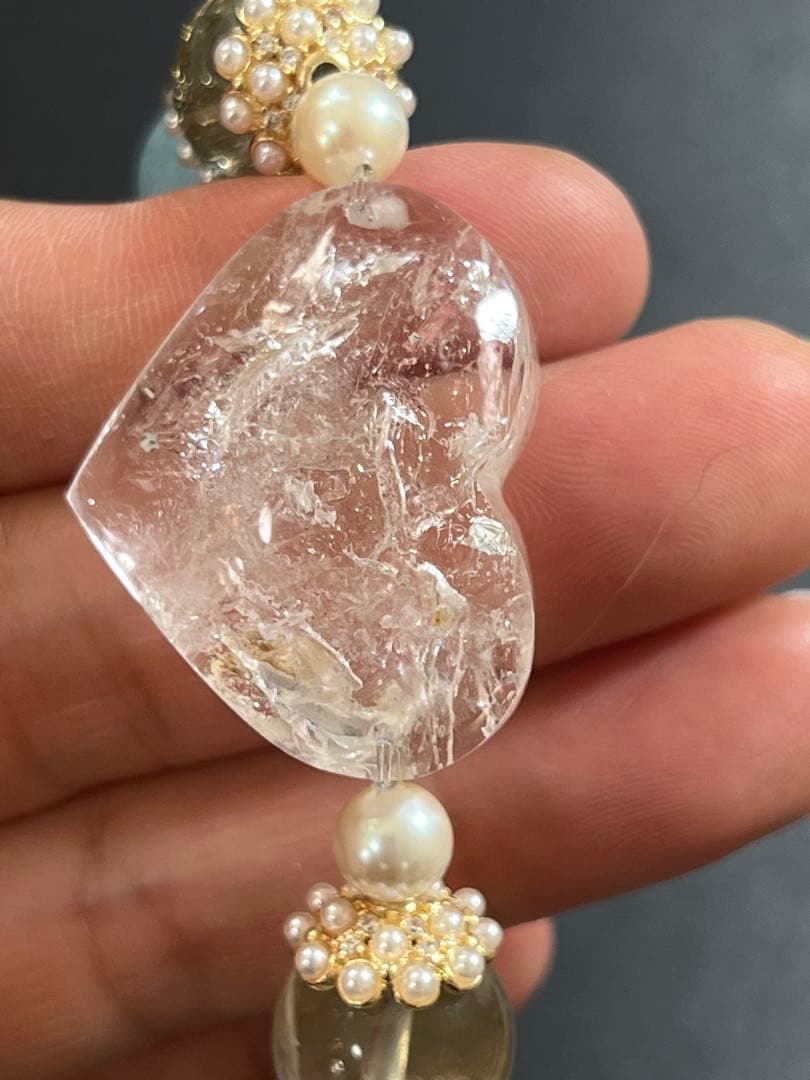 ハートの水入水晶とミックスクォーツのブレスレット