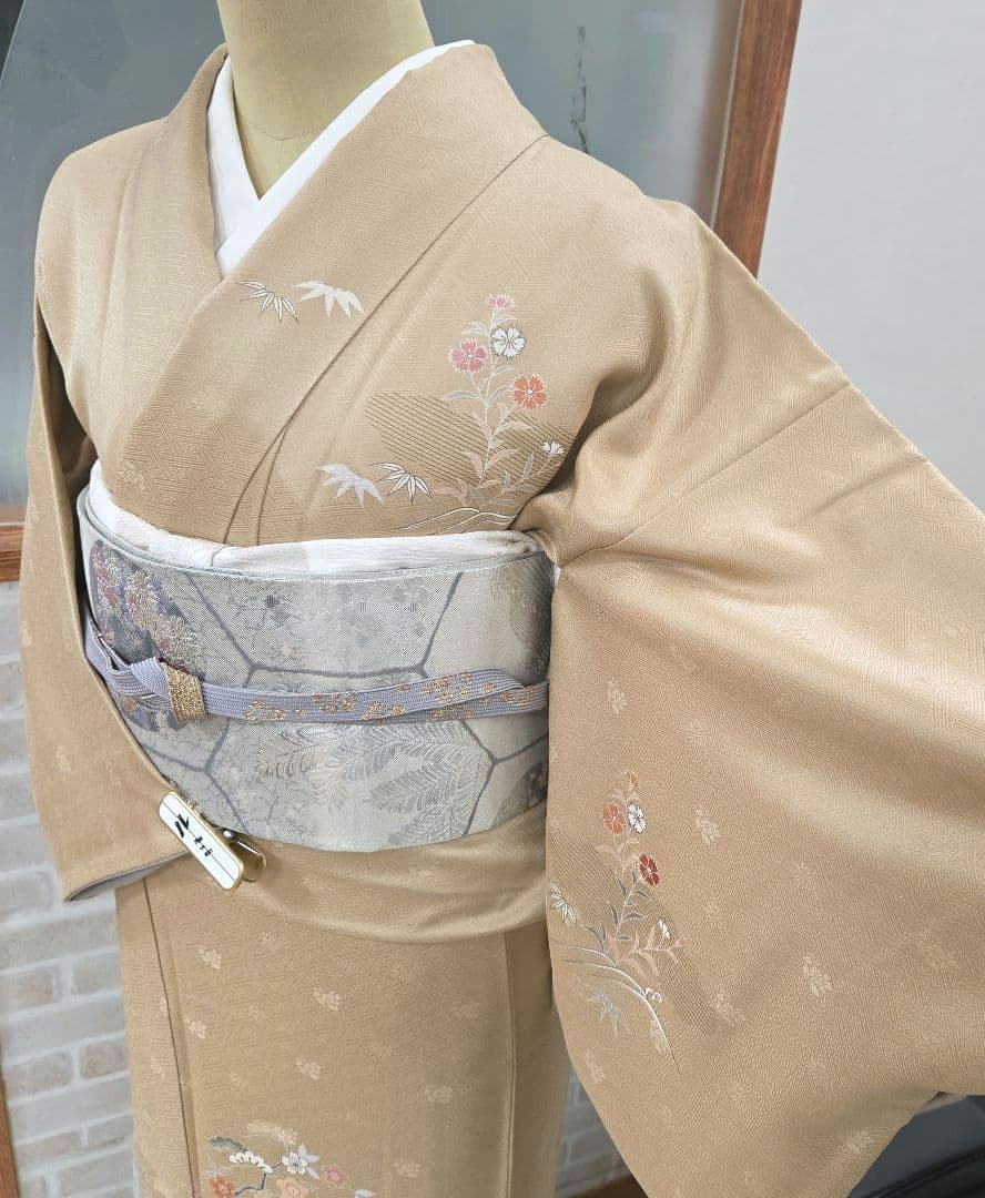 付け下げ訪問着4点フルセット、着物、袋帯、帯締め、帯揚げ