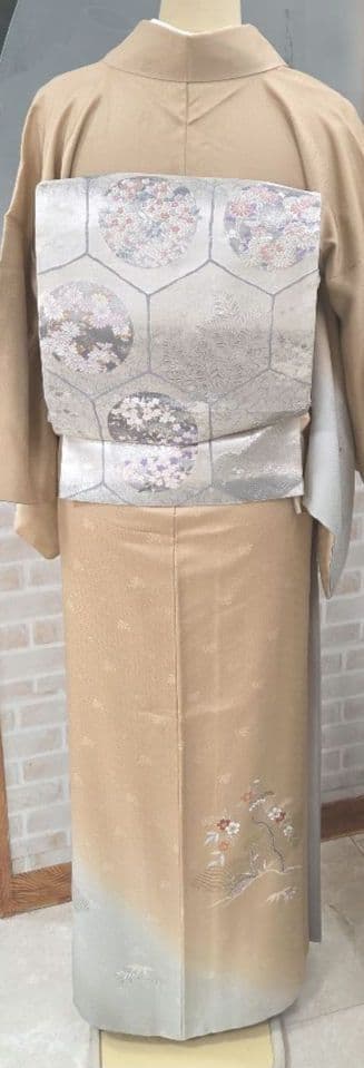 付け下げ訪問着4点フルセット、着物、袋帯、帯締め、帯揚げ