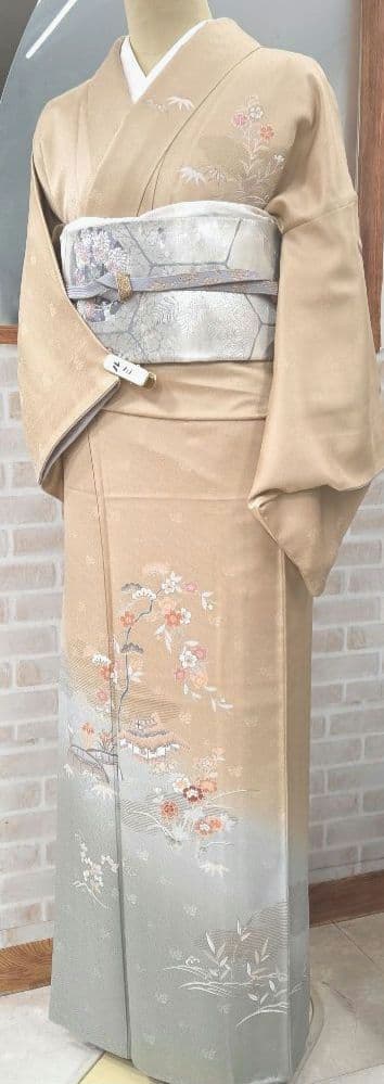 付け下げ訪問着4点フルセット、着物、袋帯、帯締め、帯揚げ