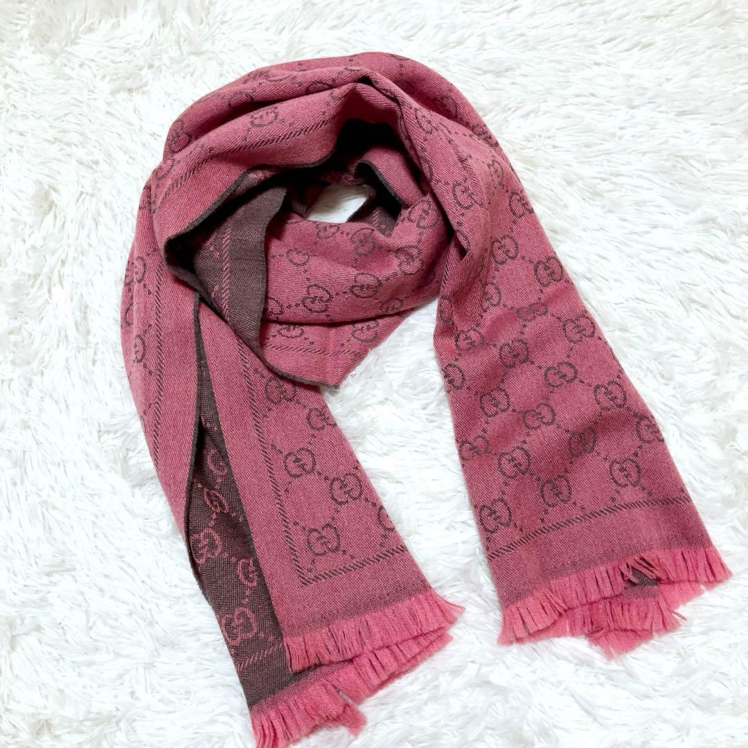 GUCCI⭕️美品　レディースマフラー　大判ストール　リバーシブル　ピンク　ロゴ