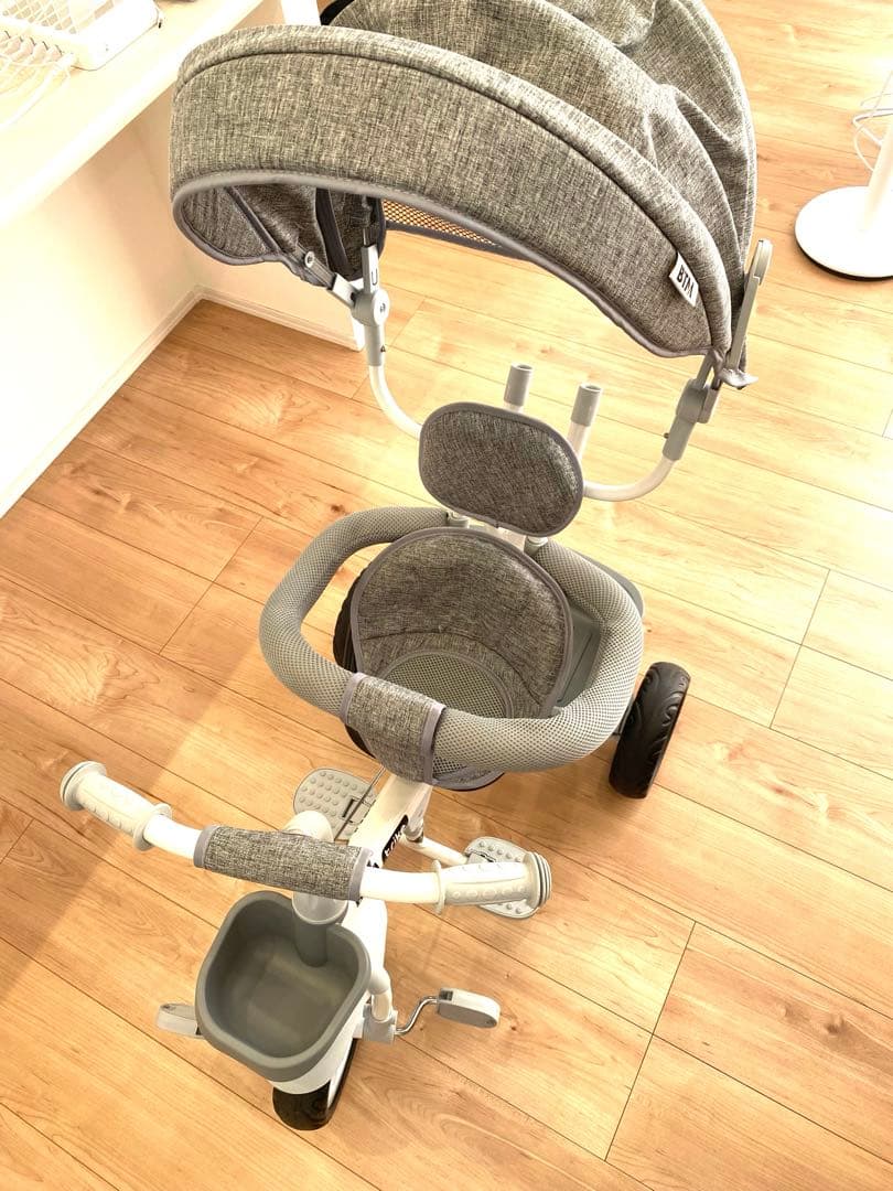 BTM 三輪車 手押し 舵取り棒 ベビーカー 自転車本体 グレー 屋根付き