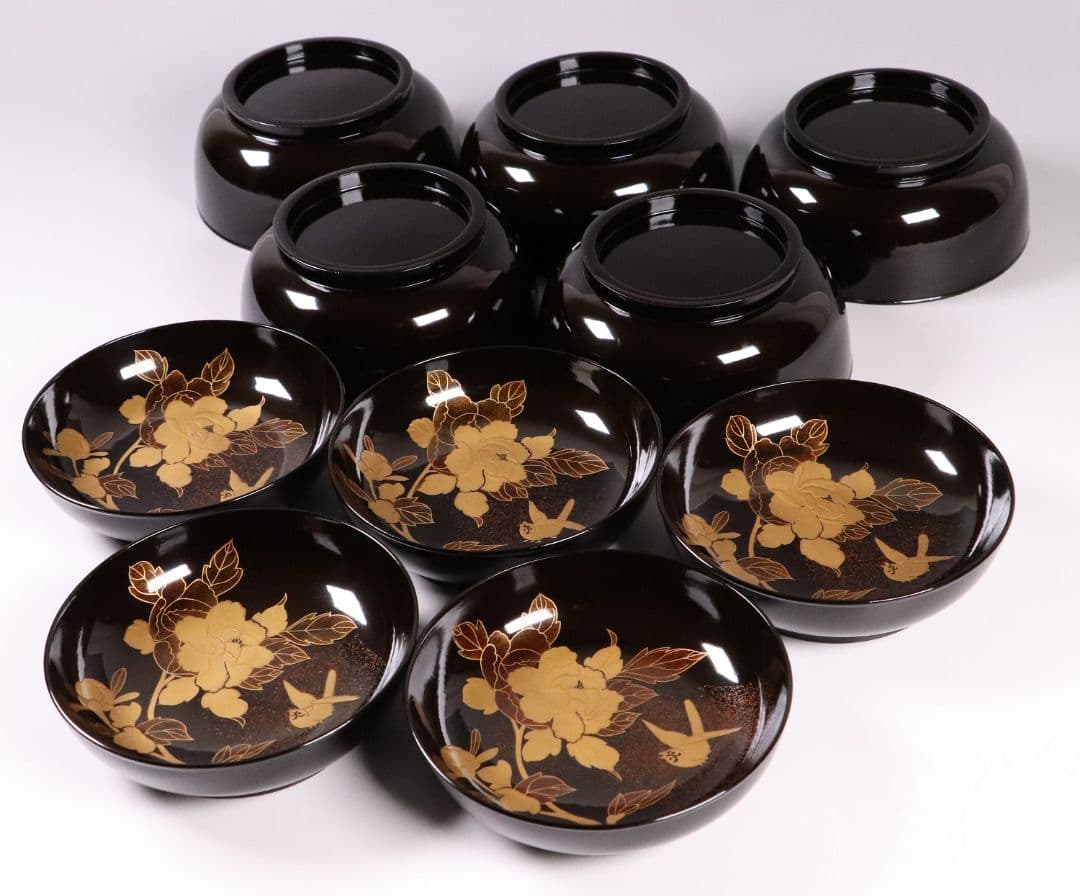 MA246 時代漆器 輪島塗 牡丹雀金蒔絵 梨地 黒塗椀 五客 木製 花鳥