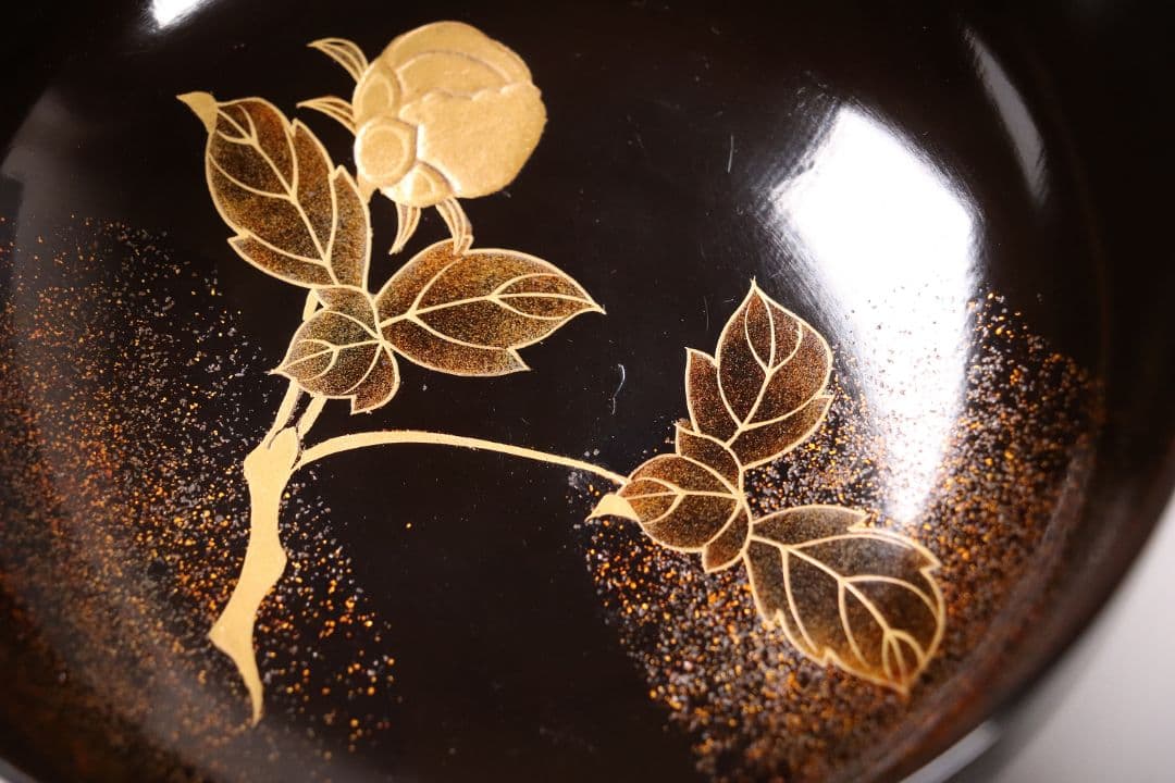 MA246 時代漆器 輪島塗 牡丹雀金蒔絵 梨地 黒塗椀 五客 木製 花鳥