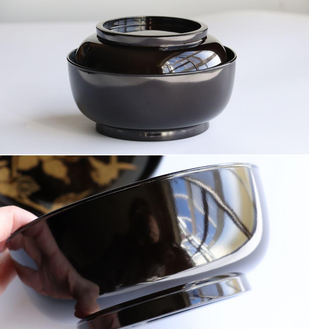 MA246 時代漆器 輪島塗 牡丹雀金蒔絵 梨地 黒塗椀 五客 木製 花鳥