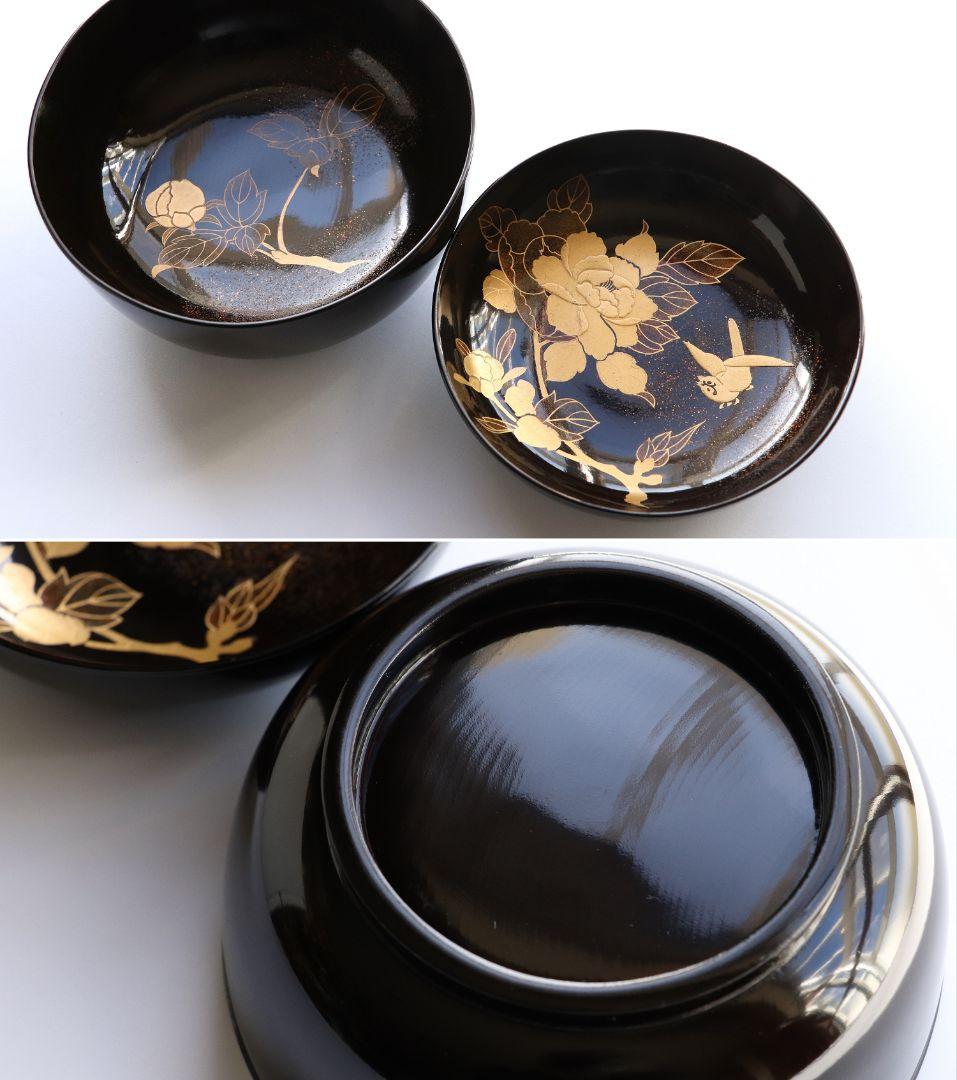 MA246 時代漆器 輪島塗 牡丹雀金蒔絵 梨地 黒塗椀 五客 木製 花鳥