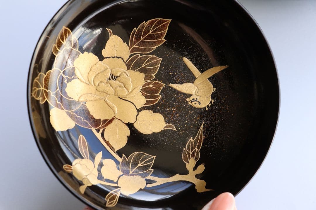 MA246 時代漆器 輪島塗 牡丹雀金蒔絵 梨地 黒塗椀 五客 木製 花鳥