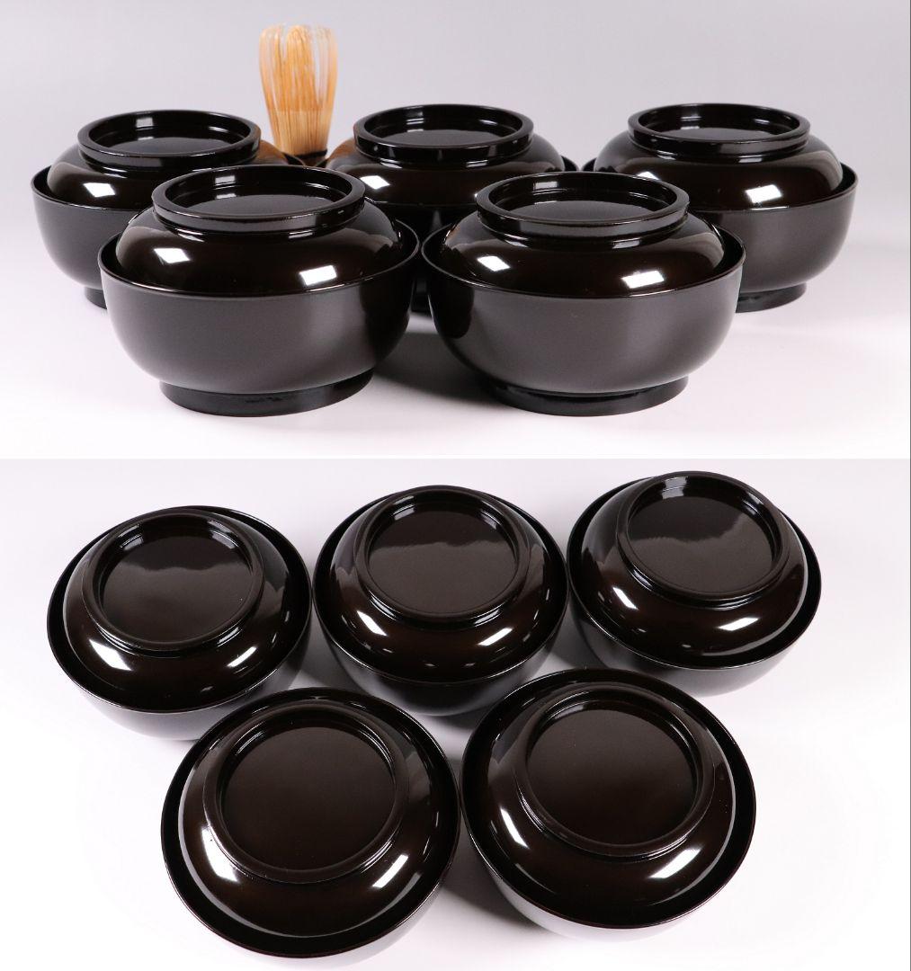 MA246 時代漆器 輪島塗 牡丹雀金蒔絵 梨地 黒塗椀 五客 木製 花鳥