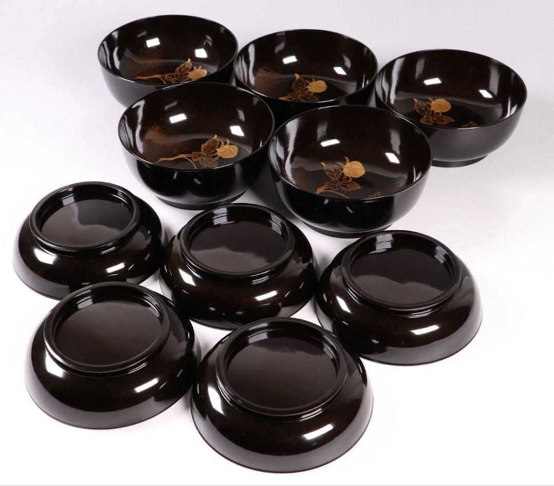 MA246 時代漆器 輪島塗 牡丹雀金蒔絵 梨地 黒塗椀 五客 木製 花鳥