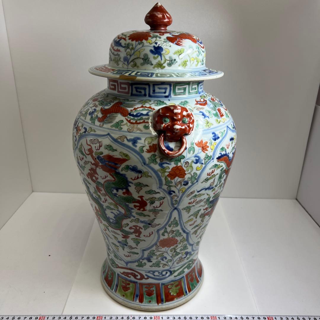 中国美術　景徳鎮　赤絵雲龍図大飾壷　木箱付高さ約53㎝トヒチサ東な8-0104①