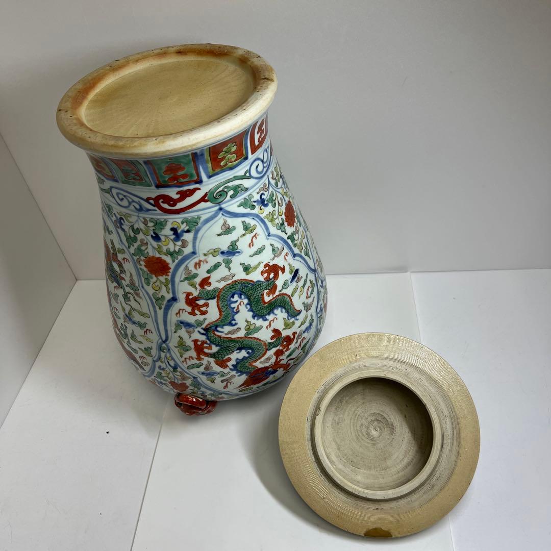 中国美術　景徳鎮　赤絵雲龍図大飾壷　木箱付高さ約53㎝トヒチサ東な8-0104①