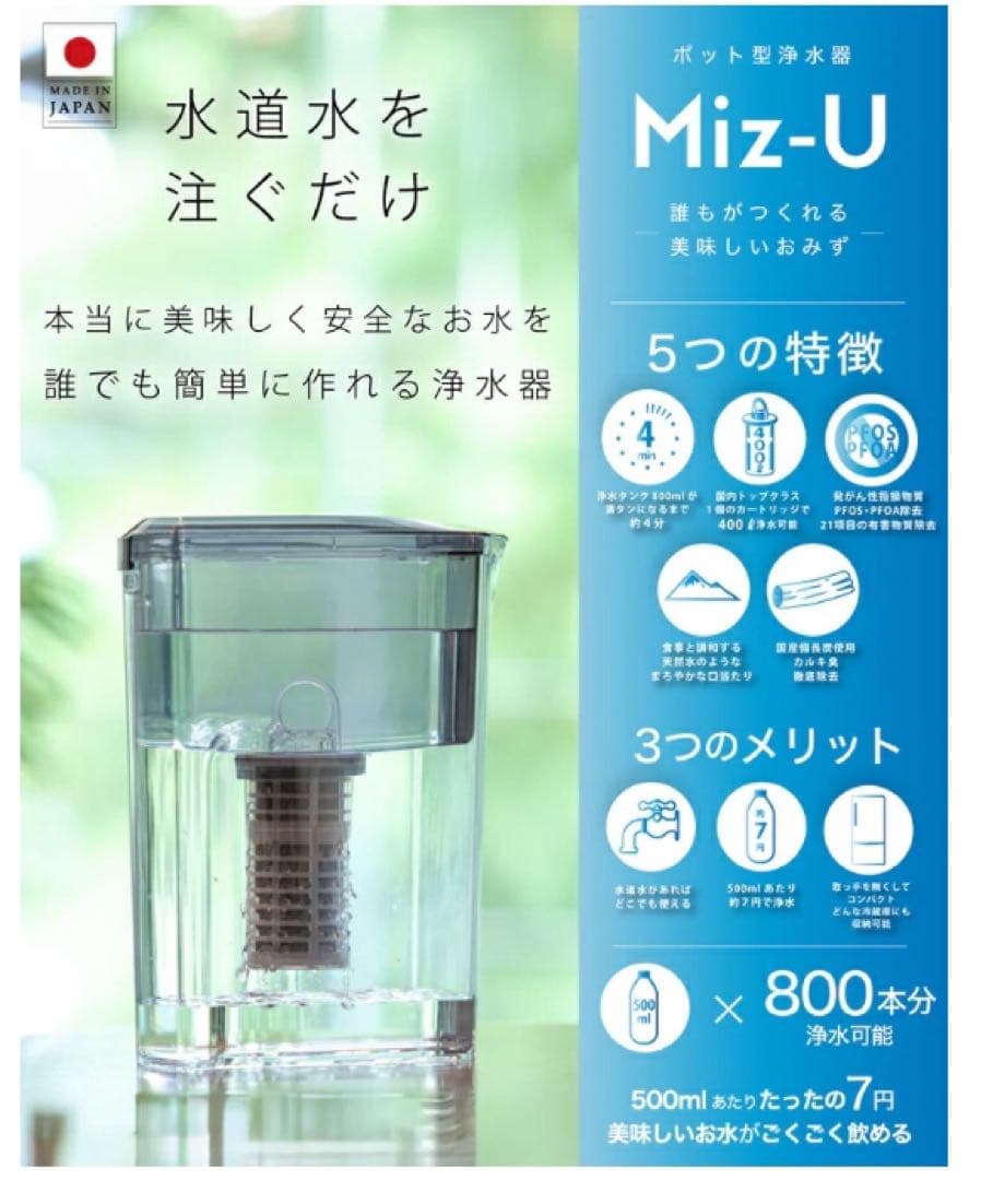 【新品未開封】ポット型浄水器　Miz-U 専用カートリッジ２個付