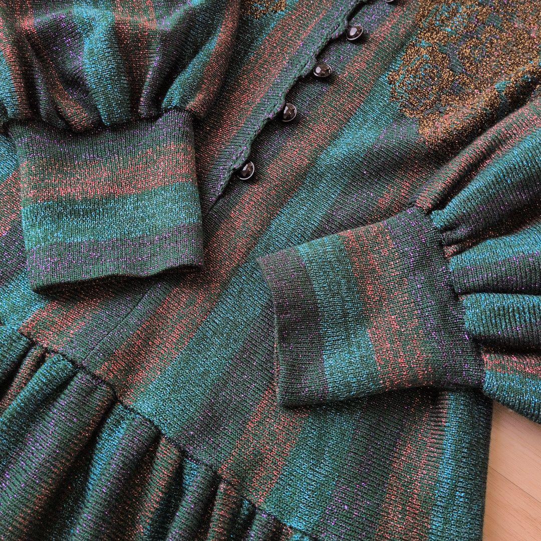 Toyoko Saito 斉藤都世子　ワンピース　グリーン・金・紫　ラメ