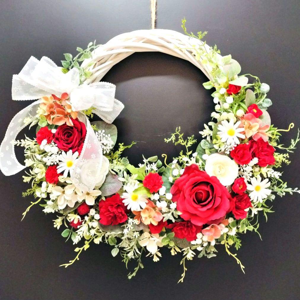 商品名【心愛】ゆきこ♥真っ赤な薔薇とカーネーションのフラワーリース