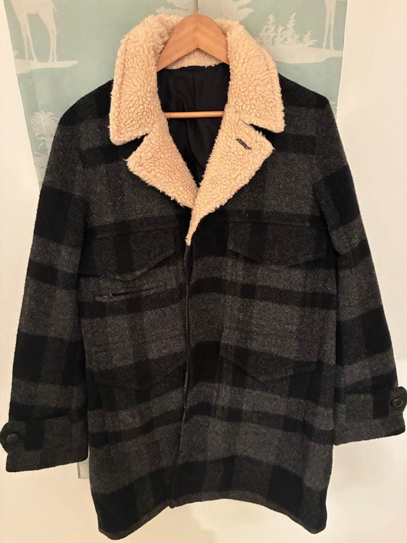 08AW 定価110,250 ポーランド期 襟ボア ウールチェックコート 3