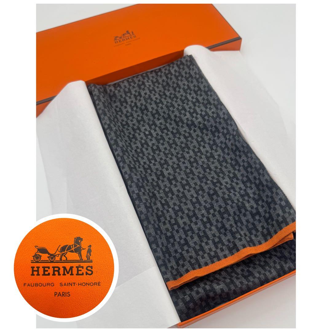 エルメス HERMES マフラー ストール グレー×ブラック ユニセックス 美品