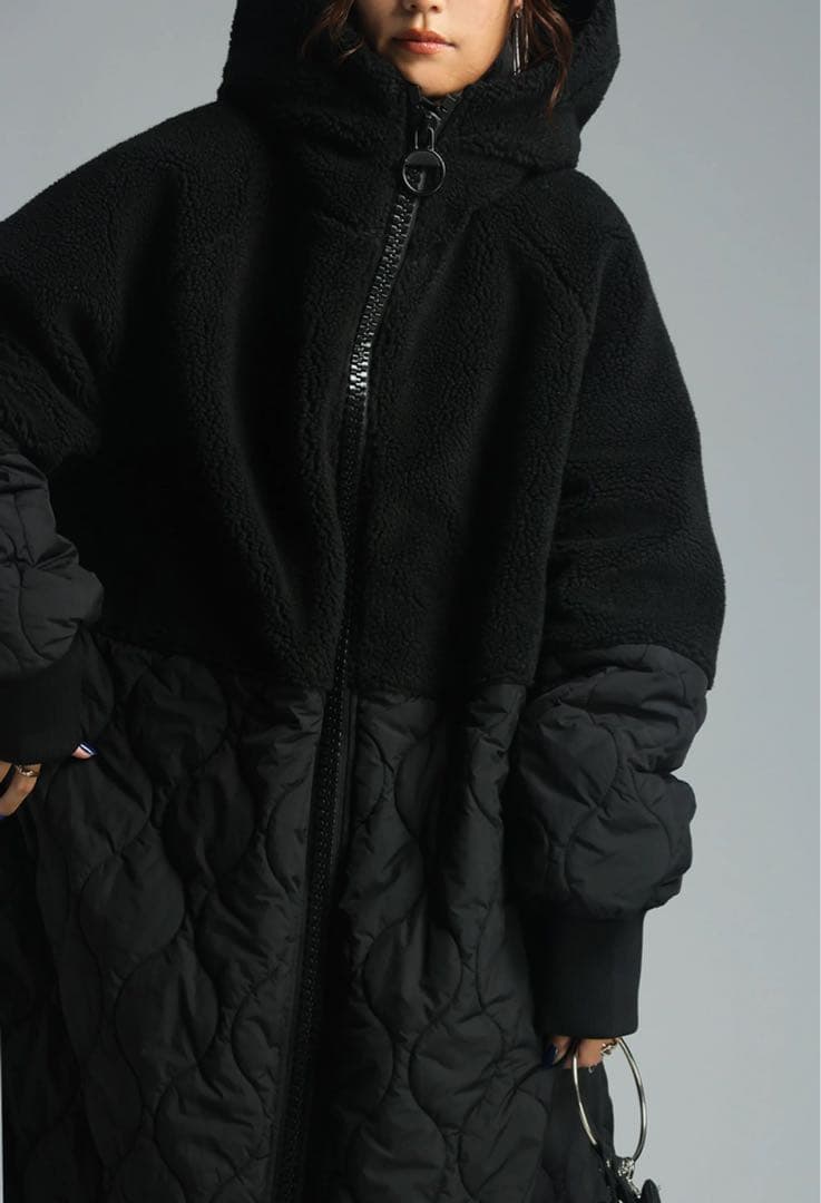 【アンティカ】ビッグファスナー ロングコート レディース　ボアアウター 黒