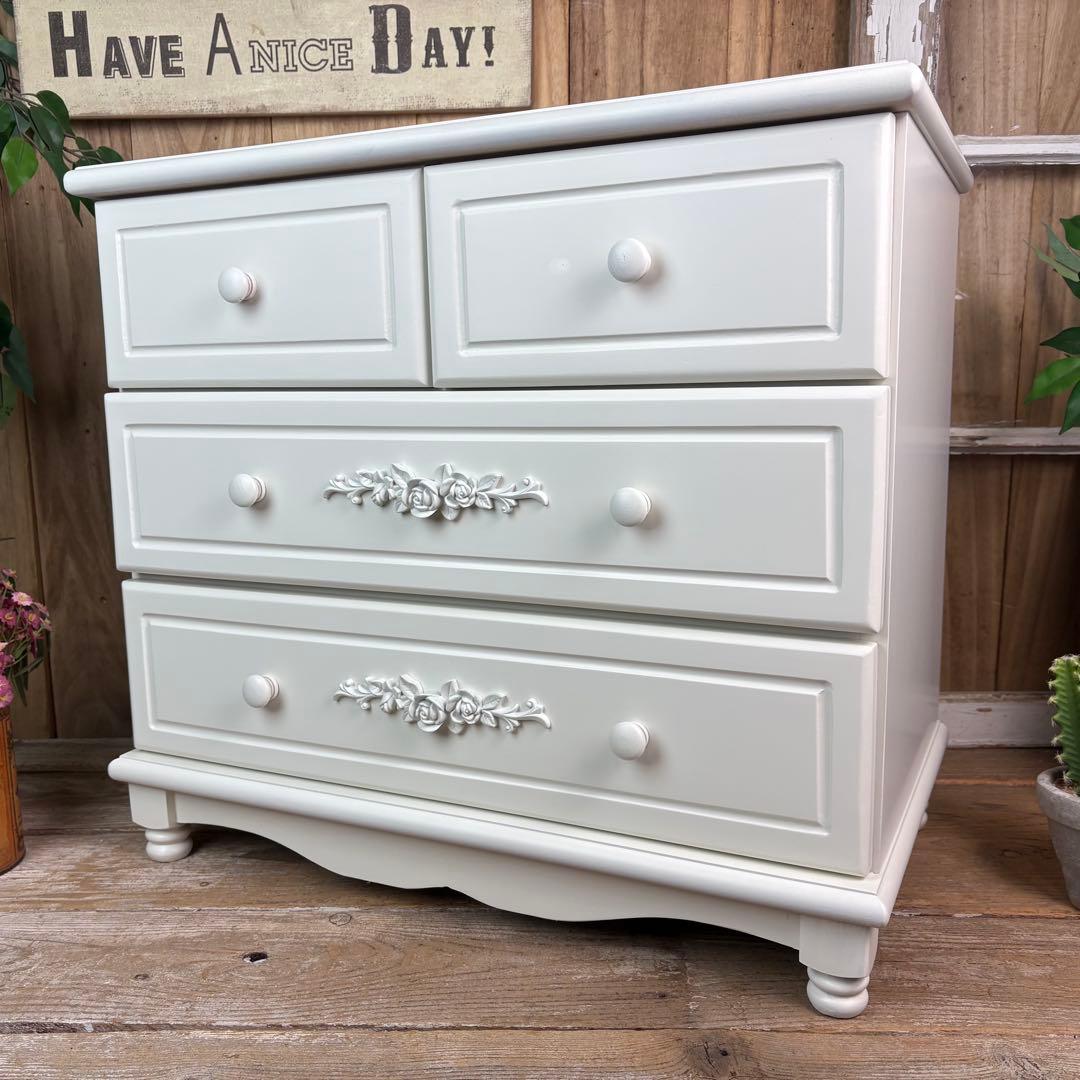 訳あり品！【101】フレンチ調ホワイトチェスト三段四つ引き木製収納家具姫系タンス