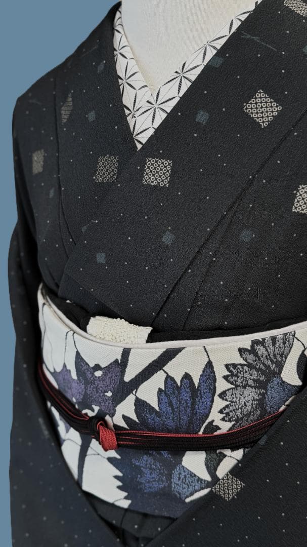 帯５　天然灰汁発酵建藍染からみ菊花　名古屋帯　新品未使用 正絹