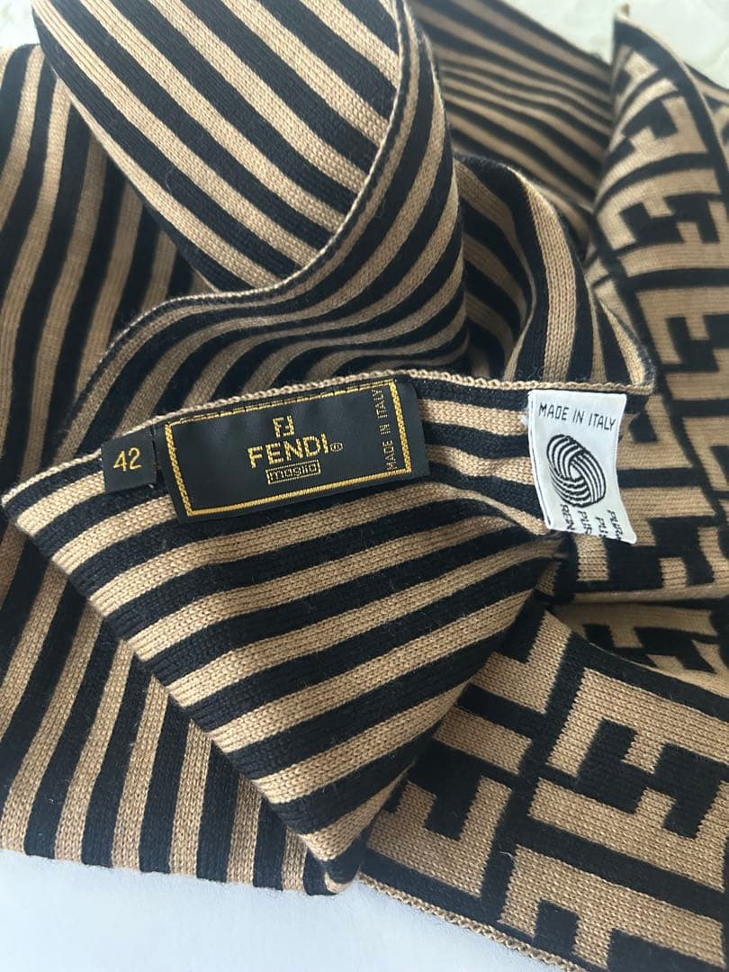 FENDI フェンディ　Fロゴ ストライプ マフラー　ブラウン×ブラック