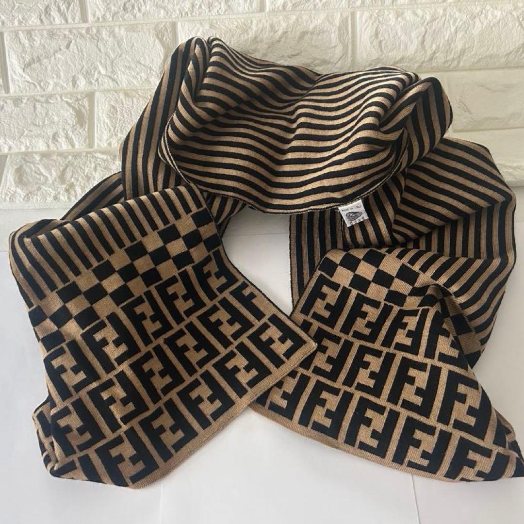 FENDI フェンディ　Fロゴ ストライプ マフラー　ブラウン×ブラック