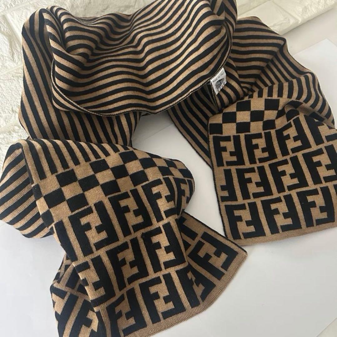 FENDI フェンディ　Fロゴ ストライプ マフラー　ブラウン×ブラック