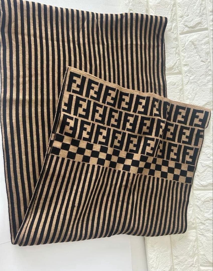 FENDI フェンディ　Fロゴ ストライプ マフラー　ブラウン×ブラック