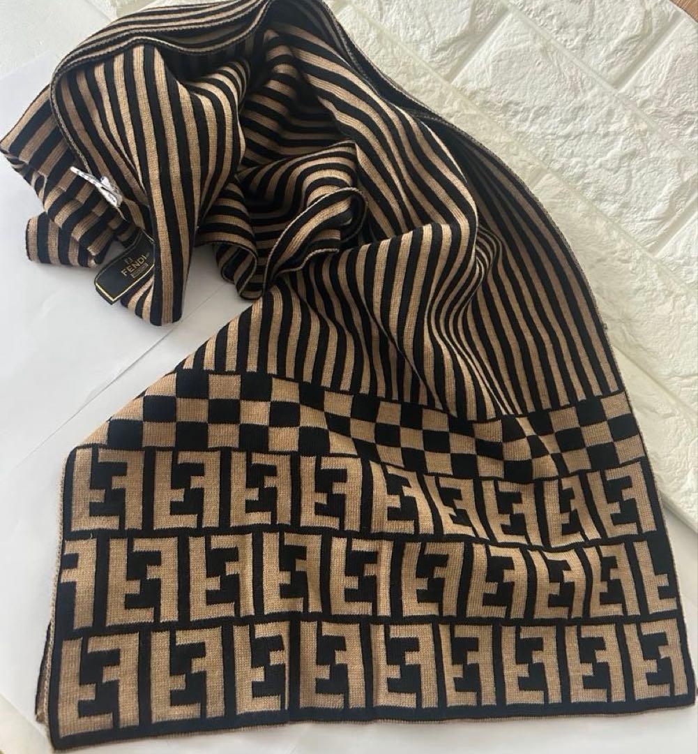 FENDI フェンディ　Fロゴ ストライプ マフラー　ブラウン×ブラック