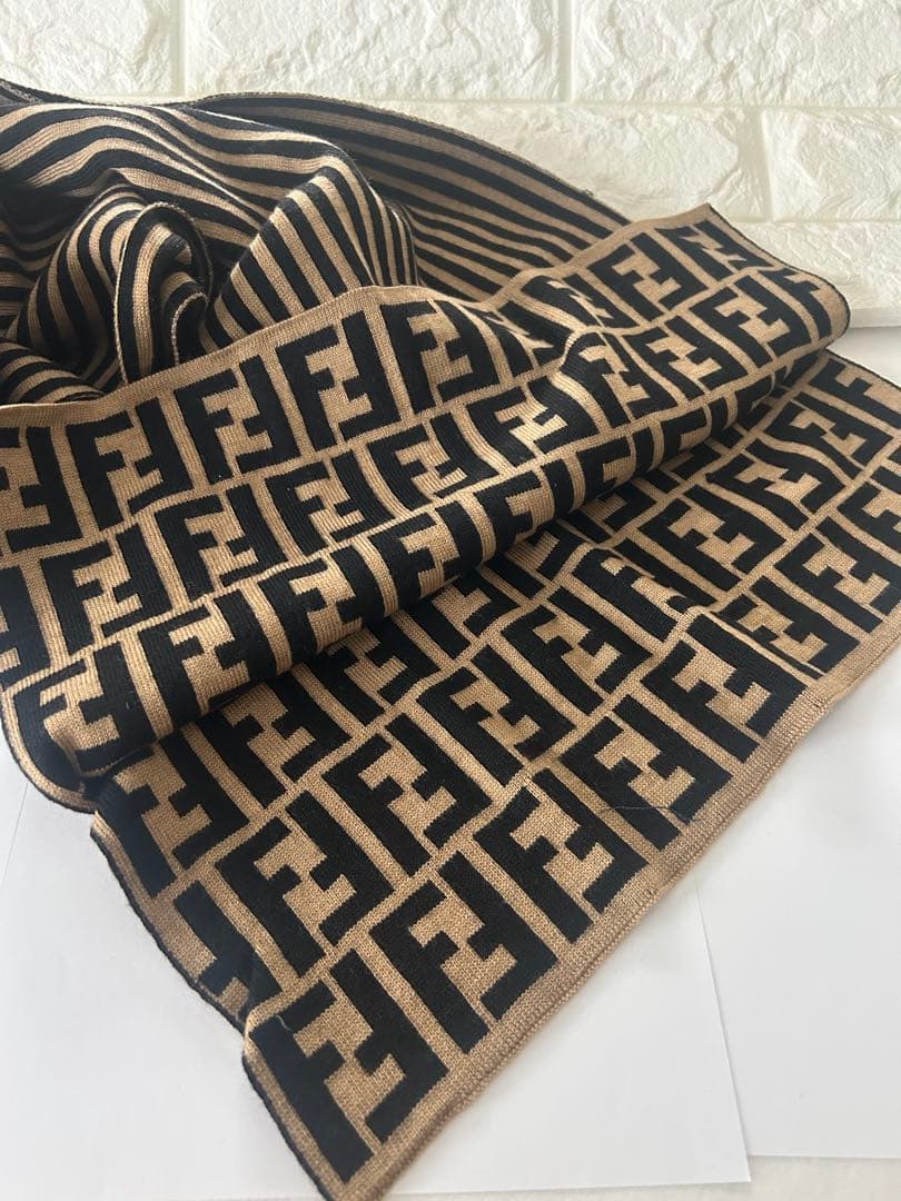 FENDI フェンディ　Fロゴ ストライプ マフラー　ブラウン×ブラック